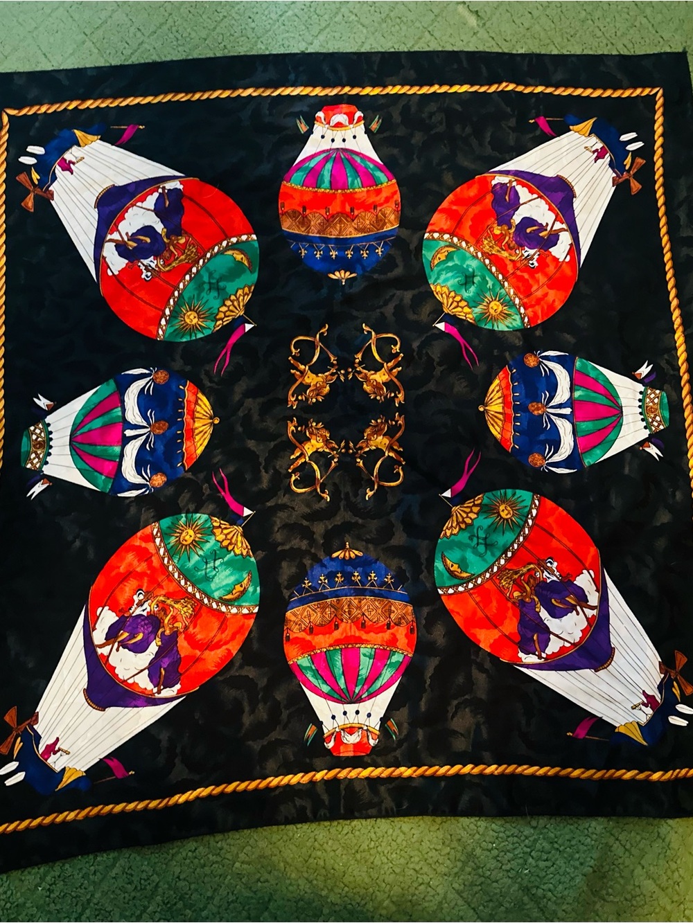 Vibrant Hot Air Balloon Print Decorative Scarf - Black Background
